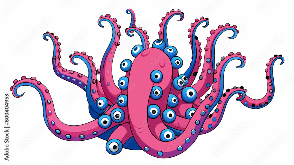 Poster a massive pink tentacle reaching out of the deep blue ocean waters covered in bulbous suction cups a