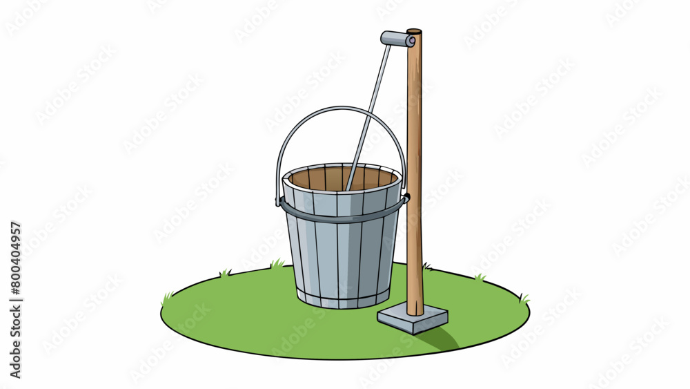 Poster a metal bucket with a cylindricalshaped interior attached to a tall pole and positioned in an open f