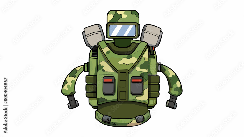 Poster A militarygrade jetpack designed for tactical missions. It is equipped with camouflage fabric and can be controlled with a wristmounted device. It. Cartoon Vector.