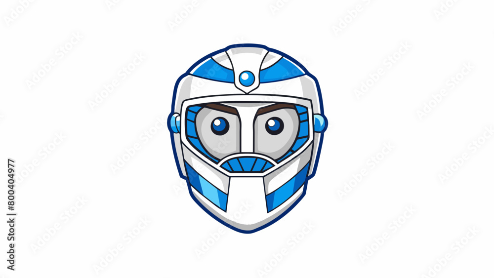 Sticker a minimalist white goalie mask with only the teams logo painted in bright blue on the forehead. the 