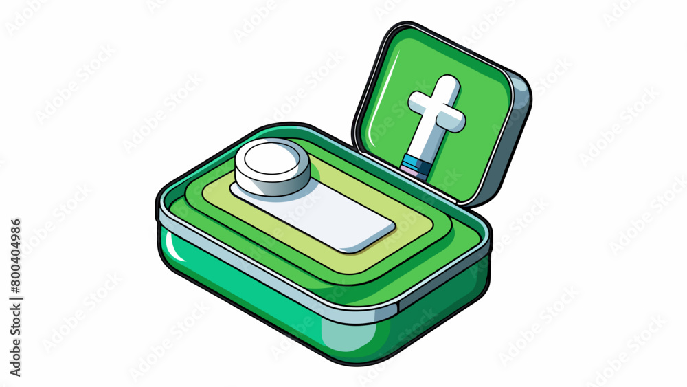Poster a metal tin with a flipopen lid and a green and white label. inside are alcohol swabs eye wash solut