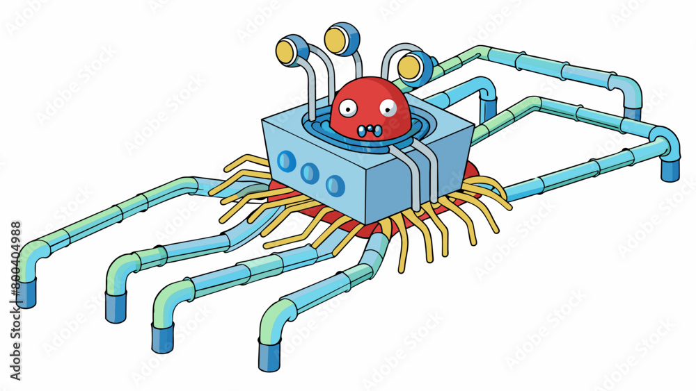 Poster A microscopic machine resembling a spider with multiple arms armed with sharp needles used for targeted drug delivery in the stream.  on white. Cartoon Vector.
