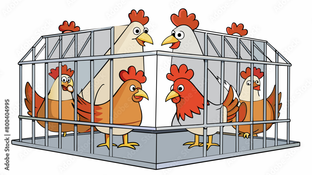 Poster a metal wire cage filled with a group of hens clucking and pecking at their feed with sharp beaks. o