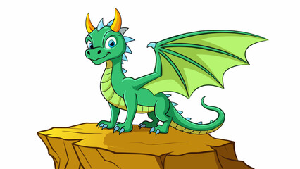 Obraz premium A magnificent dragon perched atop a cliff its scales glistening in the sun and its wings stretched wide as it gazes out over the forest with piercing. Cartoon Vector.