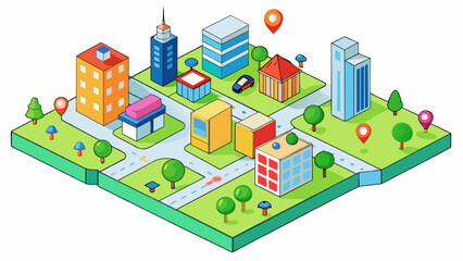 A map of a bustling city with brightly colored dots representing different types of buildings such as schools parks and businesses. Each dot also has. Cartoon Vector.
