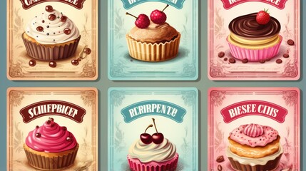 A vibrant collection of cupcake illustrations on cards with vintage style, perfect for confectionery lovers and collectors