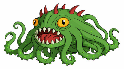 A massive sea monster with eight long tentacles each with sharp suction cups and a diameter of 10 feet. Its skin is a dark murky green and its eyes. Cartoon Vector.