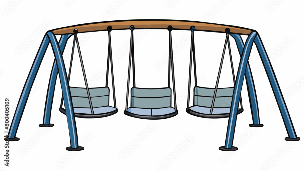 Poster a modern swing set with a tall curved metal frame that supports four individual seats. the seats are