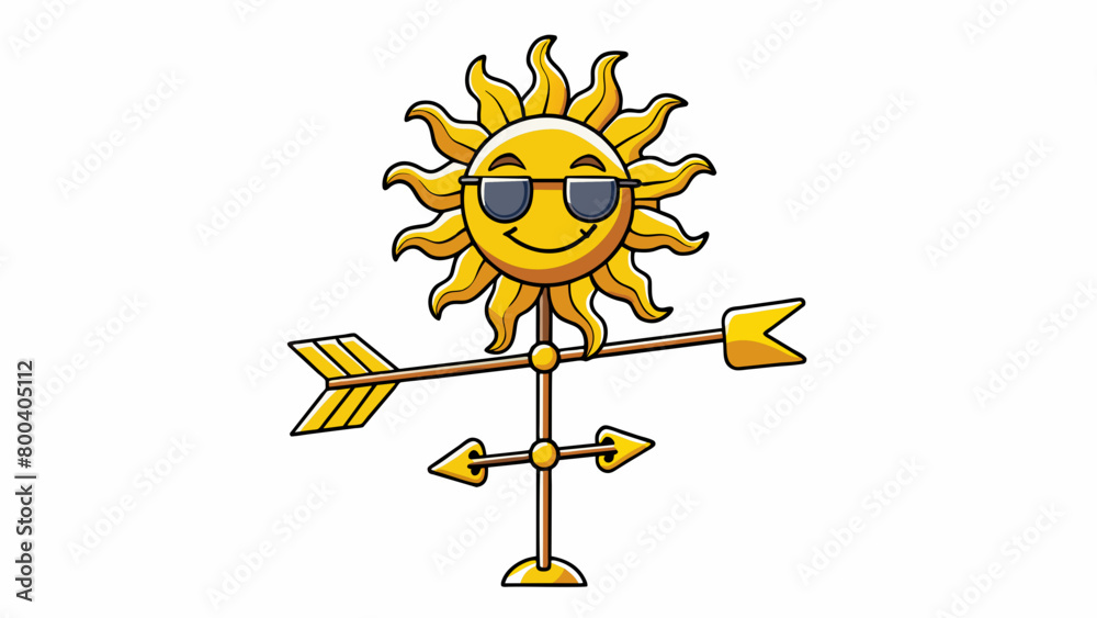 Poster a modern weather vane made of plastic and featuring a smiling sun with sunglasses on its face. the s