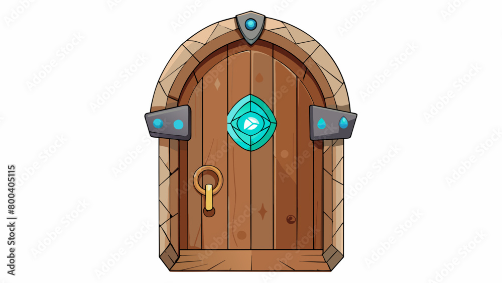 Poster a mysterious wooden door carved with intricate symbols and runes. the keyhole holds a strange glowin