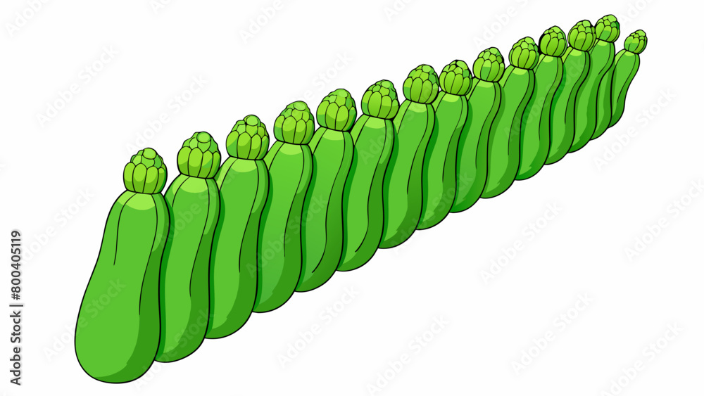 Poster A of long slender vegetables with a bright green hue and a bumpy texture along the length resembling a row of tiny hills.  on white background . Cartoon Vector.