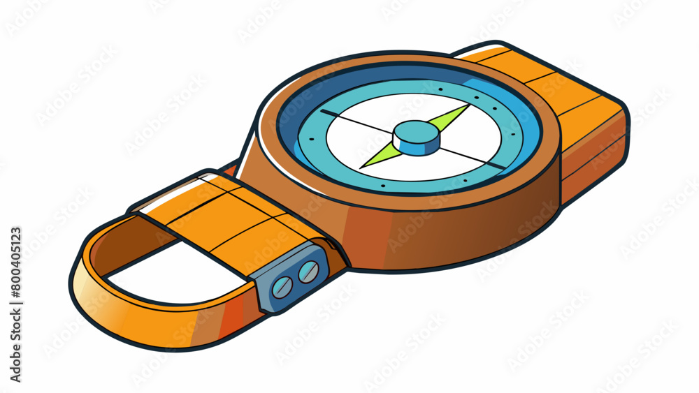 Poster A modern electronic compass attached to a wristband displaying the time temperature and precise location coordinates. Designed for outdoor enthusiasts. Cartoon Vector.