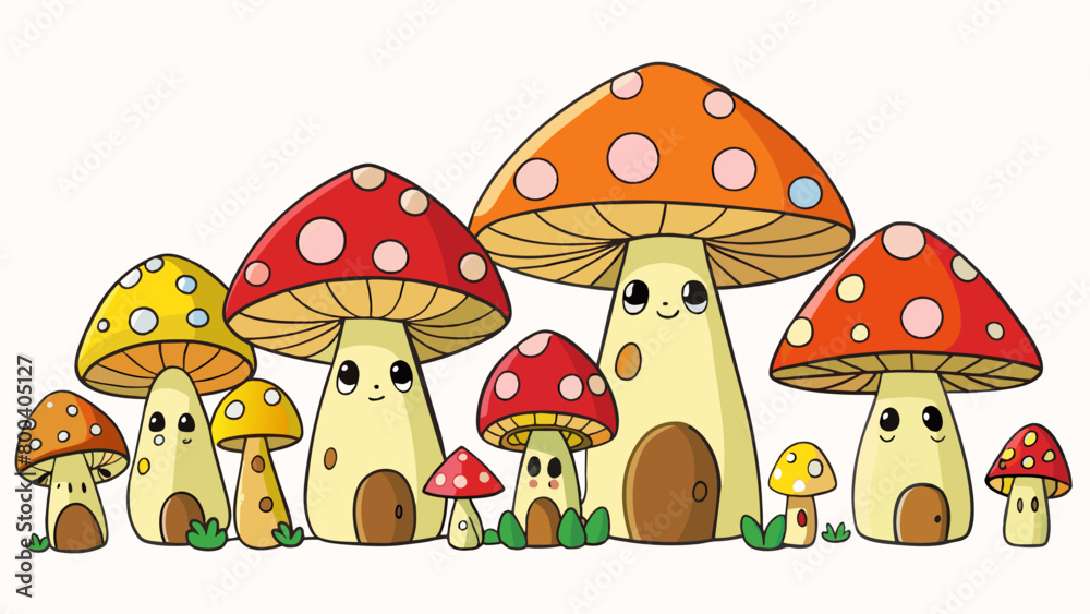 Aufkleber A of mushrooms each one a different size and color with tiny doors and windows carved into their caps hinting at the presence of tiny fairy. Cartoon Vector.