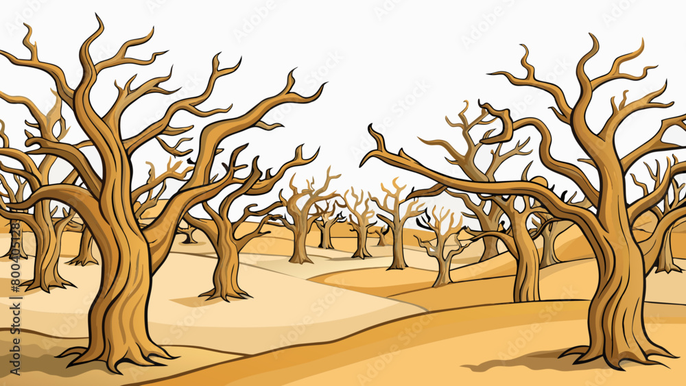 Poster a of gnarled leafless trees huddle together against the relentless desert winds. their twisted branc