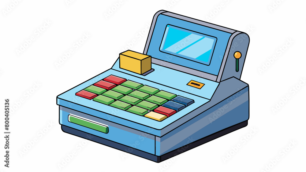 Poster a modern sleek toy cash register with a touch screen display and realistic scanner for a more realis