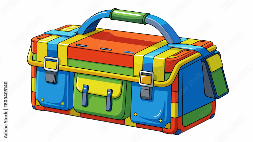 Poster A modern tackle box made of heavyduty fabric with a bright colorful pattern. It has multiple zippered pockets and clear plastic windows for easy. Cartoon Vector.