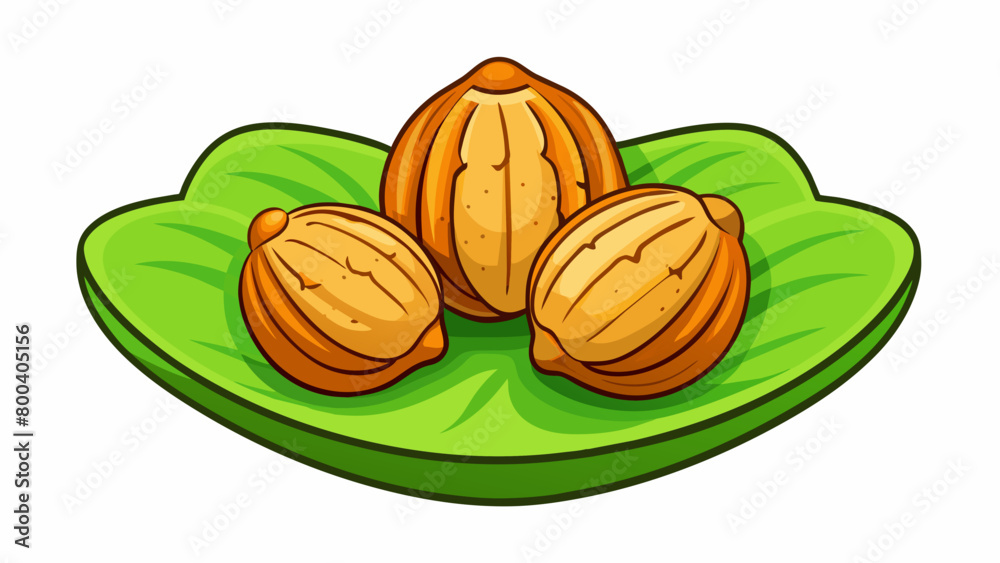 Poster A of tancolored nuts nestled within a vibrant green shell. The shells rough bumpy surface contrasts with the smooth curved shape of the nuts inside.. Cartoon Vector.