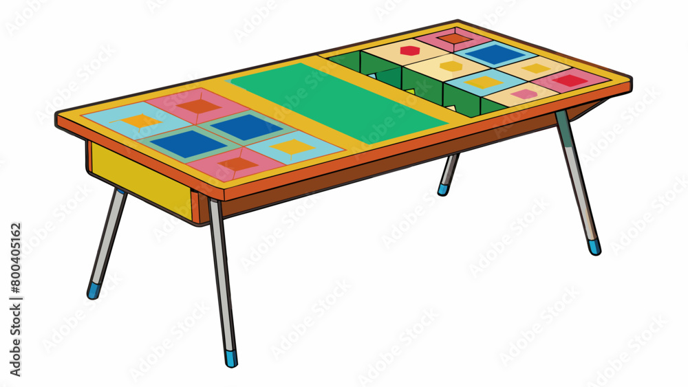 Poster A multifunctional folding table clad in a colorful patterned vinyl cover. It has builtin storage compartments and can be transformed into a desk a. Cartoon Vector.