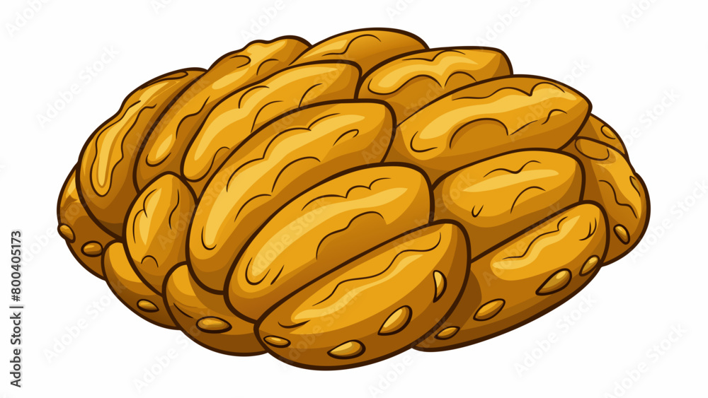 Poster A of goldenbrown ovalshaped nuts nestled inside a spiky rough exterior. Each nut is slightly uneven with a bumpy texture and a slight curve. They fit. Cartoon Vector.