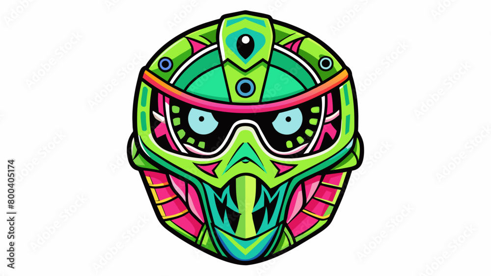 Poster a neon green goalie mask with a wild graffiti design covering every inch of the surface. bold and ch