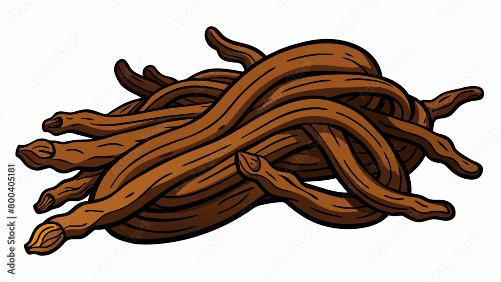 Poster a of dried licorice roots gnarled and knotted like a tangled web of branches. the surface is rough a