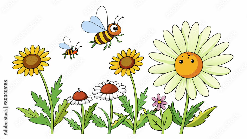 Poster A of wildflowers in a meadow with industrious bees buzzing from one flower to the next. The flowers nectar is collected by the bees and transformed. Cartoon Vector.