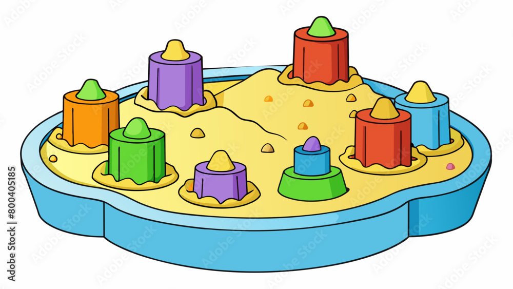 Poster A pack of colorful sand molds in various shapes and sizes ideal for creating unique designs and structures in the sandbox.  on white background . Cartoon Vector.