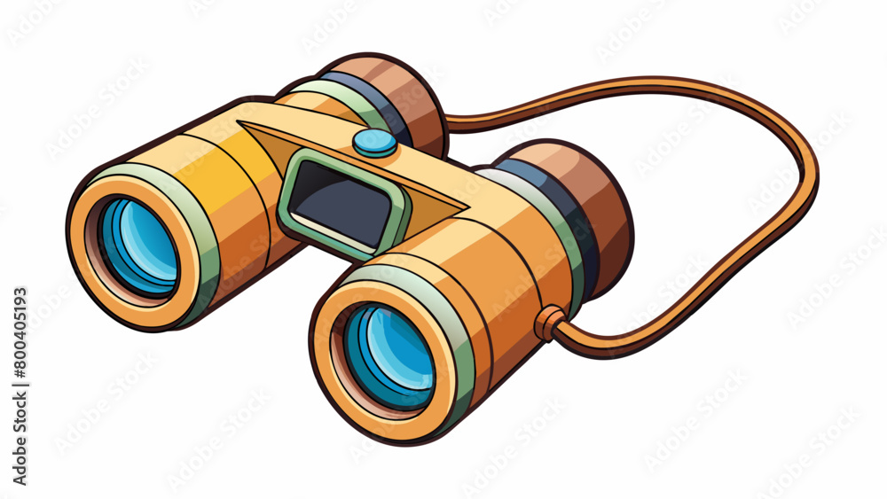 Poster A pair of binoculars with a durable plastic frame and adjustable focus for spotting wildlife from afar. The lens cap is attached with a string to. Cartoon Vector.