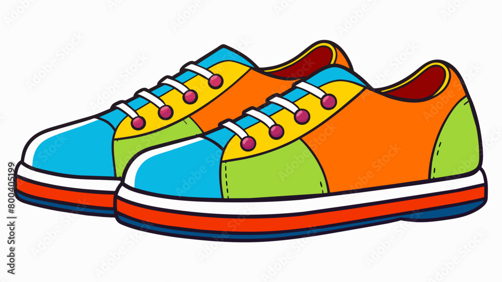Poster a pair of brightly colored bowling shoes with a fun retroinspired design. the toes are rounded and f