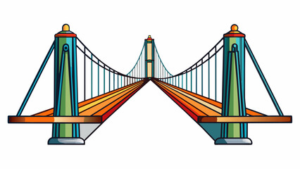 Obraz premium A modern suspension bridge with sleek steel towers rising high and thick cables holding up the long narrow deck. Bright LED lights line the sides. Cartoon Vector.