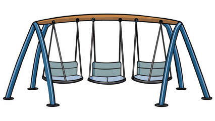 A modern swing set with a tall curved metal frame that supports four individual seats. The seats are made of mesh material and are designed for. Cartoon Vector.