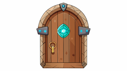 A mysterious wooden door carved with intricate symbols and runes. The keyhole holds a strange glowing gemstone and when unlocked the door opens to. Cartoon Vector.