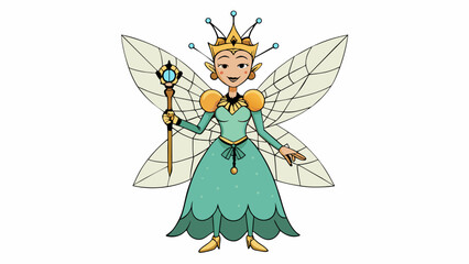 Fototapeta premium A noble fairy with wings like dragonflies clad in a dress woven from spiderwebs and adorned with jewels. She holds a golden horn that can summon. Cartoon Vector.