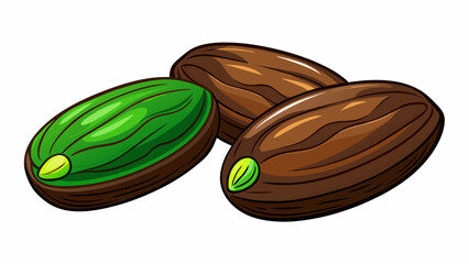 A of dark brown ovalshaped nuts encased in a ly green outer husk. The shells have a slightly woody texture and a strong earthy scent. The kernels. Cartoon Vector. - obrazy, fototapety, plakaty