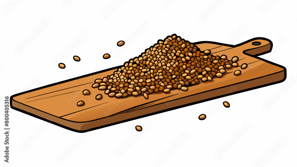 Poster a pile of small elongated and slightly curved mustard seeds tered across a wooden ting board. the se