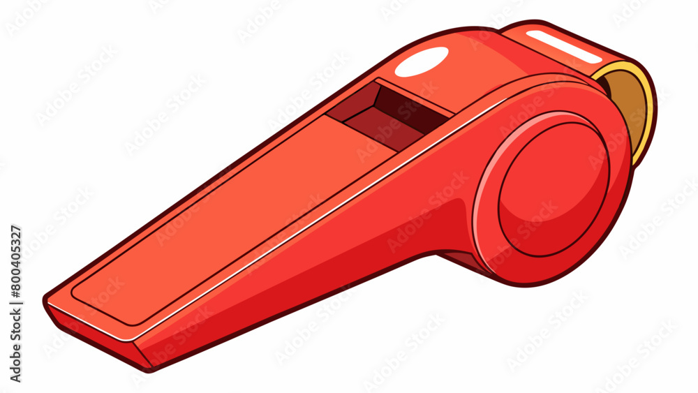 Poster A plastic referee whistle with a short thin tube and a rounded top. Its bright red color and shrill sound make it easily recognizable and perfect for. Cartoon Vector.