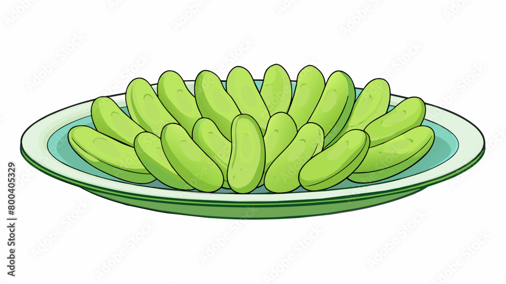 Poster a plate of long and thin pods each containing several plump pale green seeds. their smooth surface i
