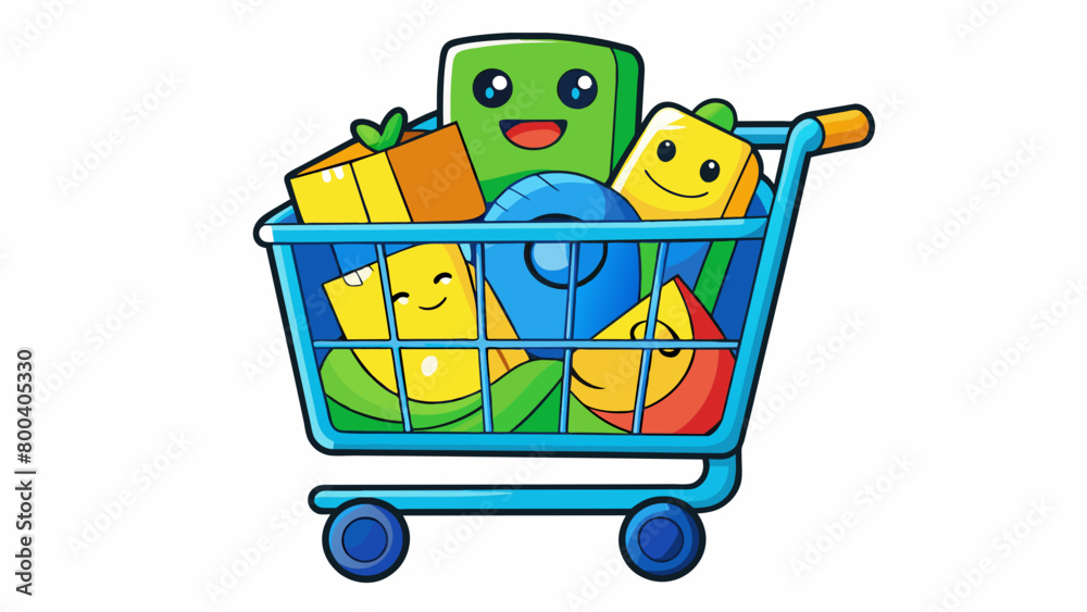 Poster A plastic shopping cart with a smiling face on the front and a vibrant color scheme of blue green and yellow. The front of the cart has a small play. Cartoon Vector.
