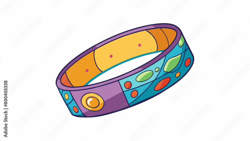 Poster A plastic wristband with colorful patterns and a small circular patch in the center. The patch is coated with a sticky substance and a faint herbal. Cartoon Vector.