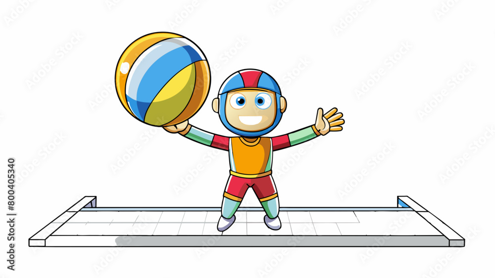 Poster A player with outstretched arms stands ready in the back row waiting for the opposing teams serve. The ball is a brightly colored sphere with a smooth. Cartoon Vector.