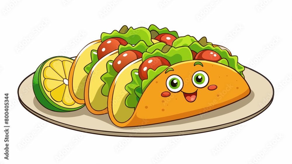 Poster a plate of chicken tacos topped with a generous squeeze of lime juice. the slices of lime add a burs