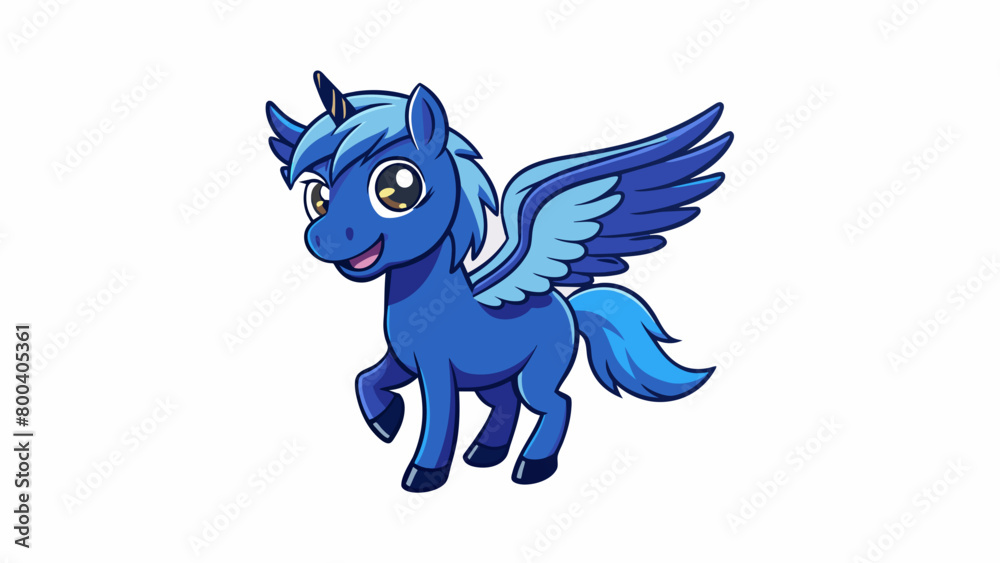 Poster A playful Pegasus with a mischievous glint in its eye and a sly smirk on its lips. Its wings are a deep midnight blue and seem to le with stars as it. Cartoon Vector.
