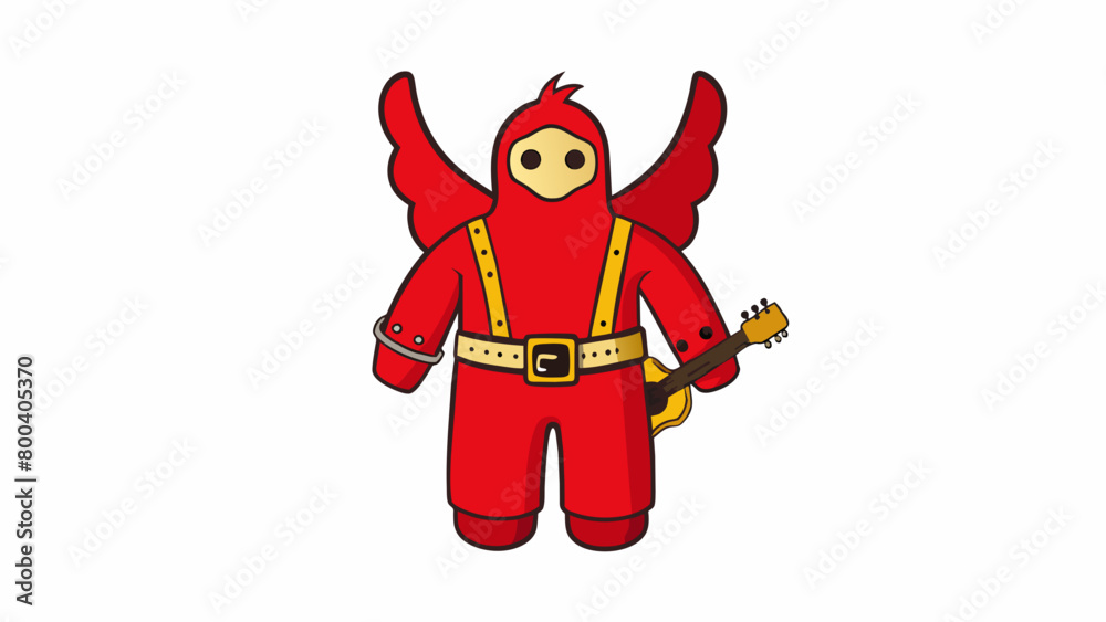 Poster a plush red jumpsuit with attached vinyl wings a gold belt with a large buckle and a small plush gui