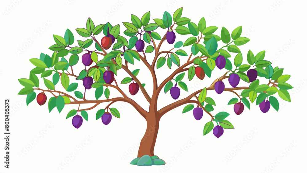 Fototapete A plum tree its branches heavy with fruit swaying gently in the breeze. The leaves are a deep green color with hints of red and orange on the edges.. Cartoon Vector.