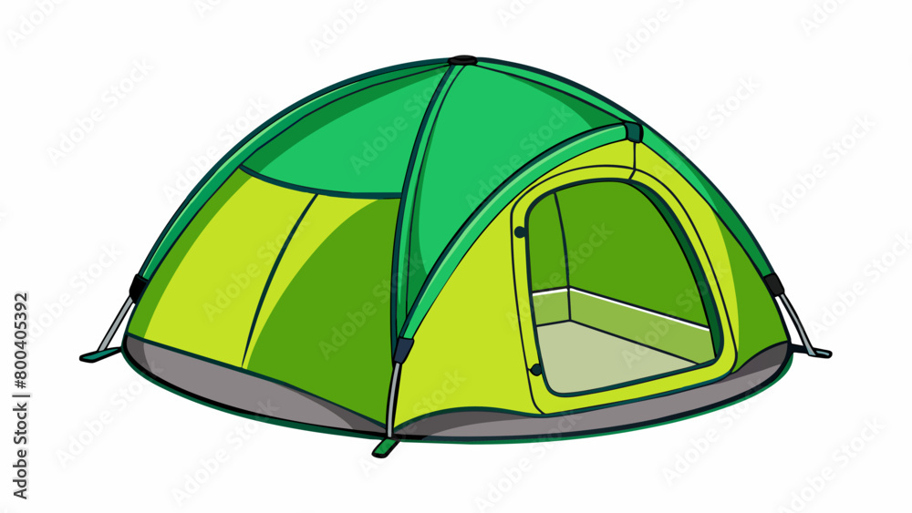 Aufkleber A popup tent that can be collapsed into a small disk for easy transport. It is a vibrant shade of green and has a circular entrance with a mesh lining. Cartoon Vector.