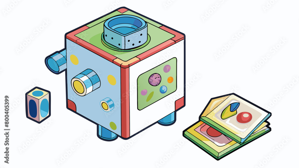 Poster A pocketsized toy microscope shaped like a colorful cube with each side equipped with a different magnification lens. It also comes with a booklet. Cartoon Vector.