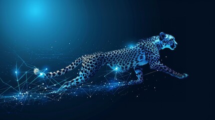 An abstract depiction of a cheetah running formed from lines and triangles, with a point connecting network on a blue background.