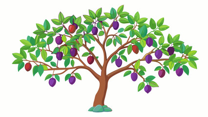 A plum tree its branches heavy with fruit swaying gently in the breeze. The leaves are a deep green color with hints of red and orange on the edges.. Cartoon Vector.