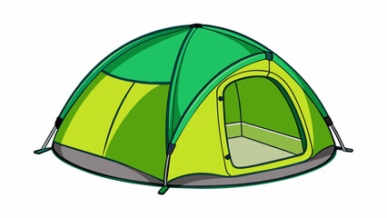 A popup tent that can be collapsed into a small disk for easy transport. It is a vibrant shade of green and has a circular entrance with a mesh lining. Cartoon Vector.