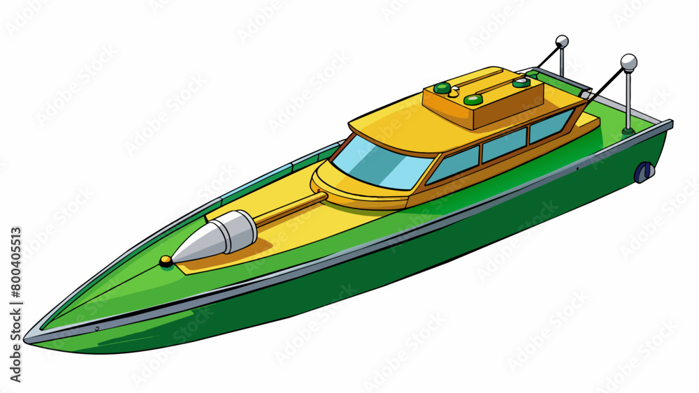 Poster A remotecontrolled model yacht measuring a few feet in length with a realistic looking rudder and propeller at the back. The hull is painted a deep. Cartoon Vector.